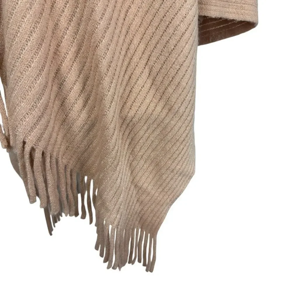 Chicos Ribbed Asymmetrical Fringe Cowl Neck Poncho Pullover Sweater sz O / S